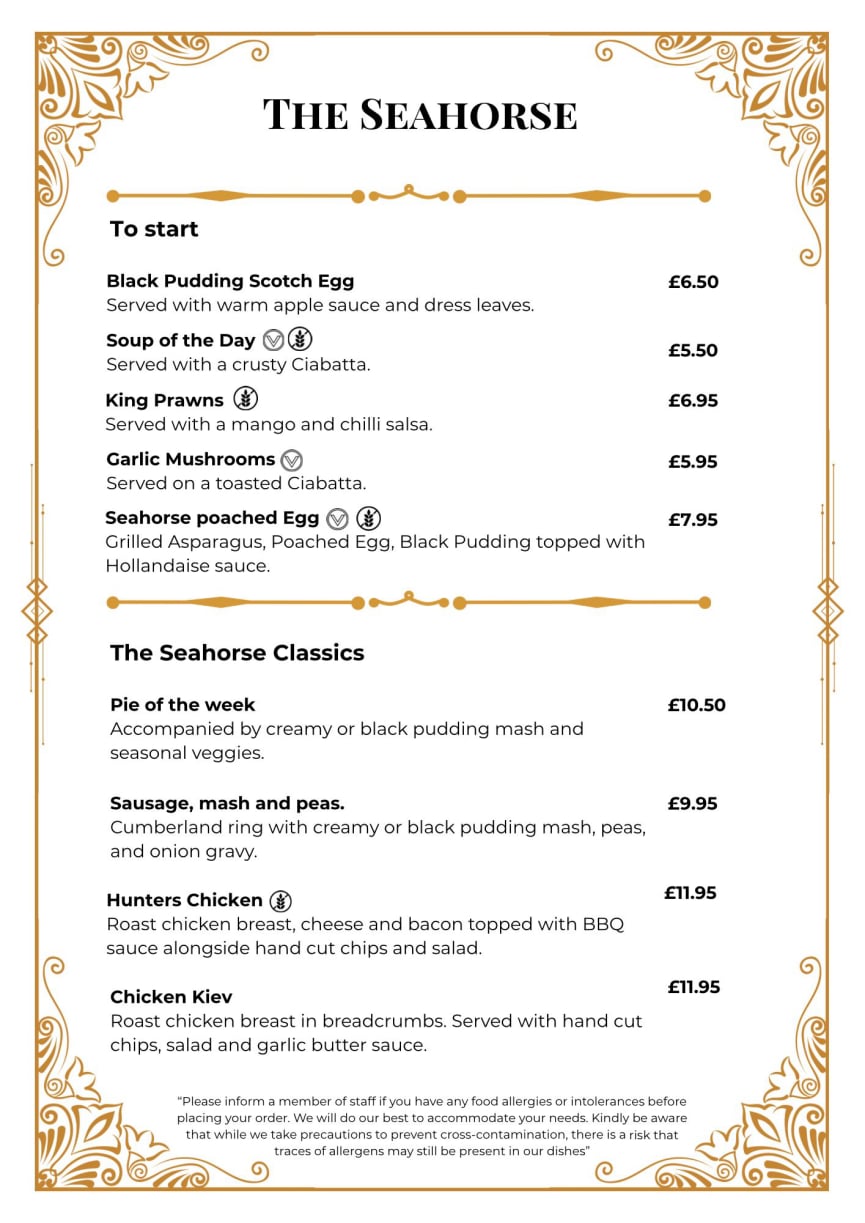THE SEAHORSE Blyth Starters & Classics menu